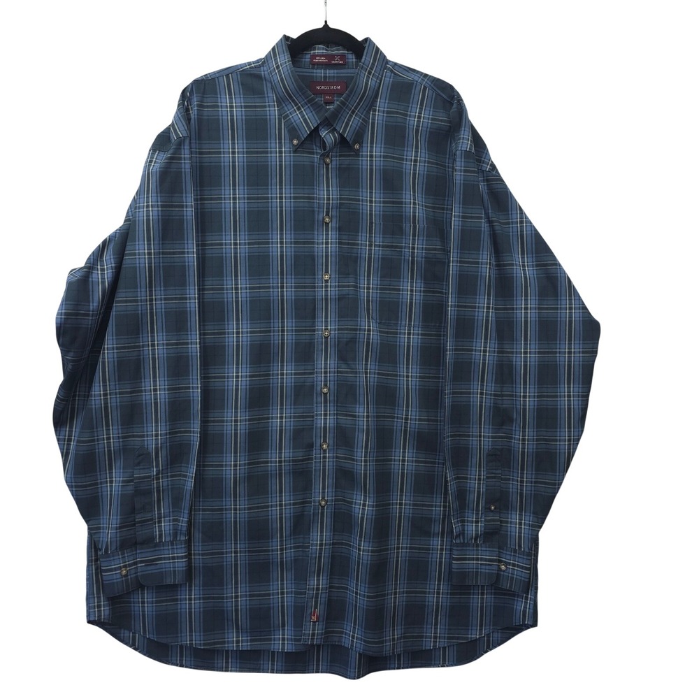 Nordstrom Smartcare Men XXLL Blue Plaid Cotton Button Down Shirt Long Sleeve